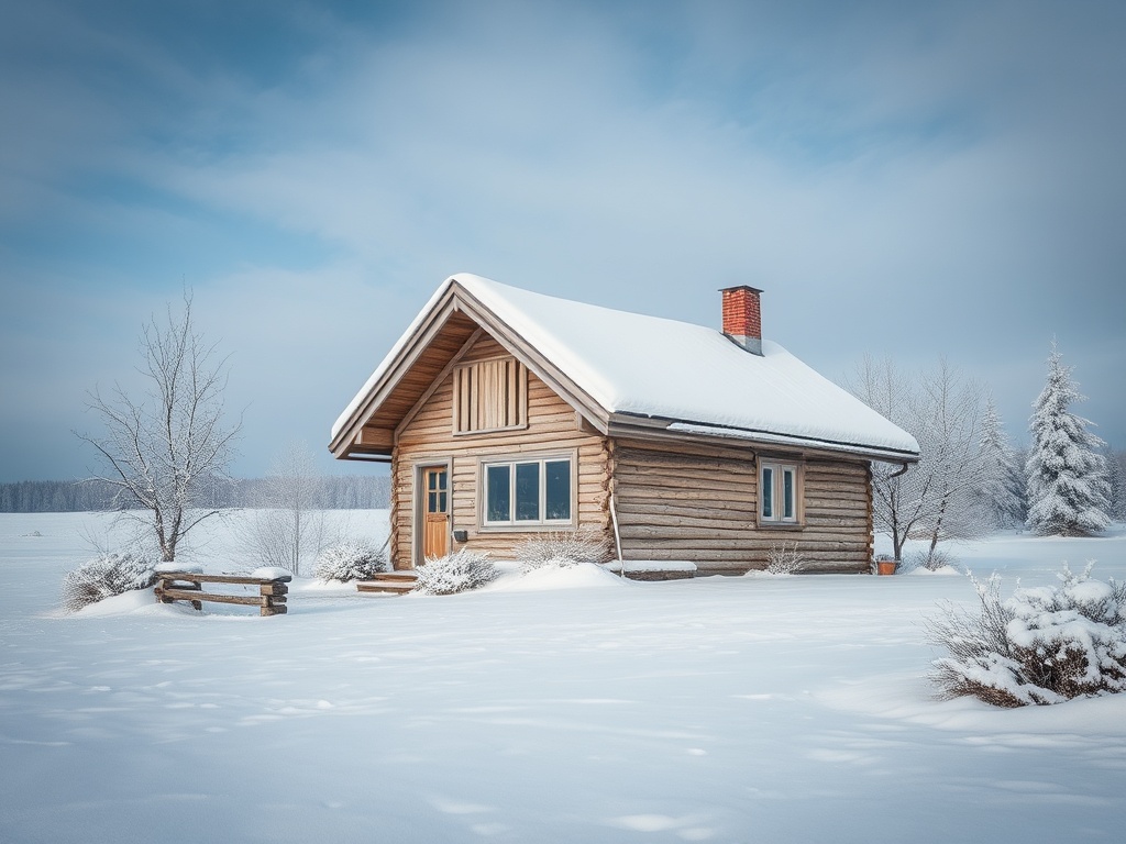 Деревянный дом в зимнем пейзаже, окружённый снежными полями и деревьями, под светлым небом.