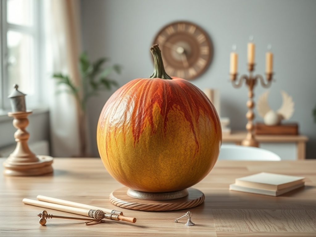 На столе стоит тыква с ярким окрашиванием и рядом предметы интерьера. Светлое помещение с зелеными растениями.