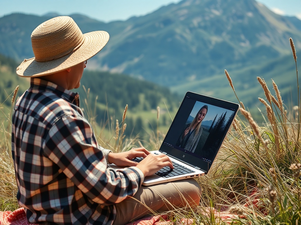 Человек в шляпе сидит на траве с ноутбуком, общаясь по видеосвязи на фоне гор.