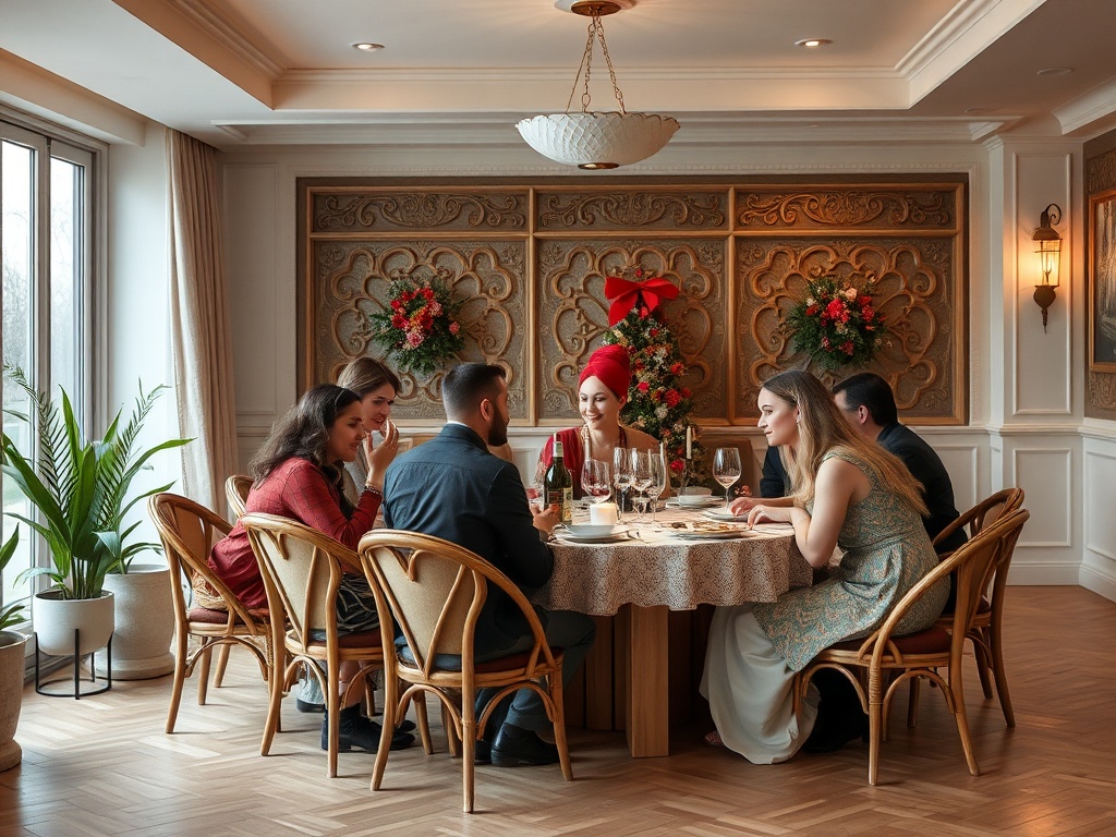 Группа людей за праздничным столом в красиво оформленном помещении с декорациями на стенах.