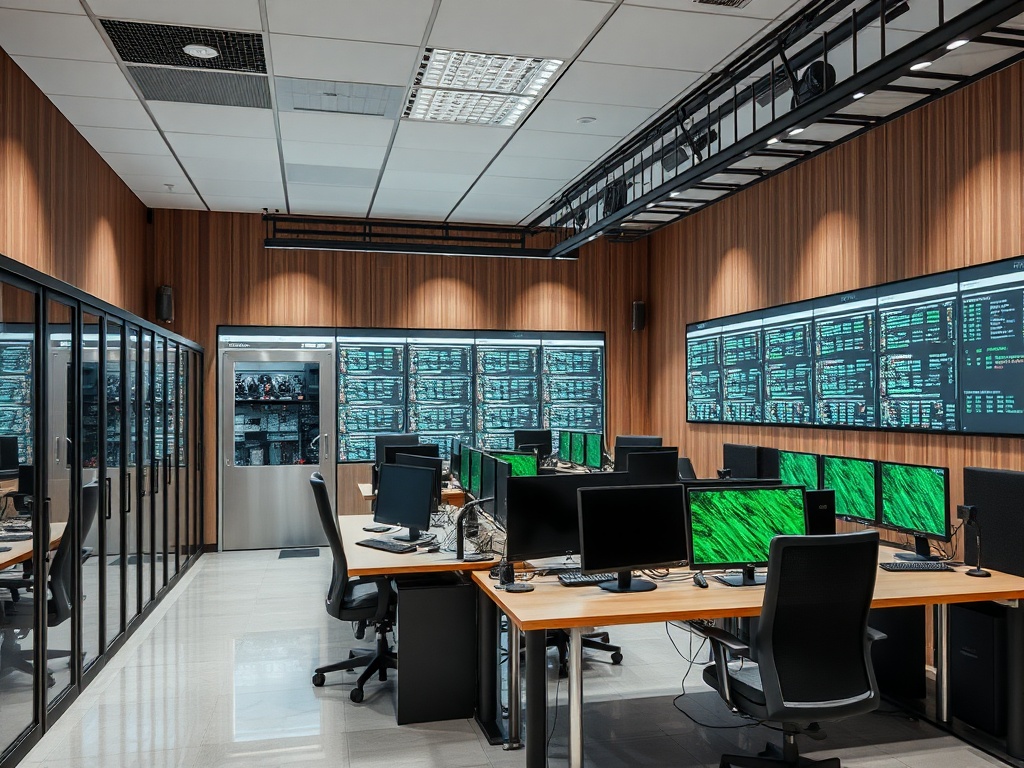 Современный офис с несколькими компьютерами и экранами, управление данными и высокой технологией.