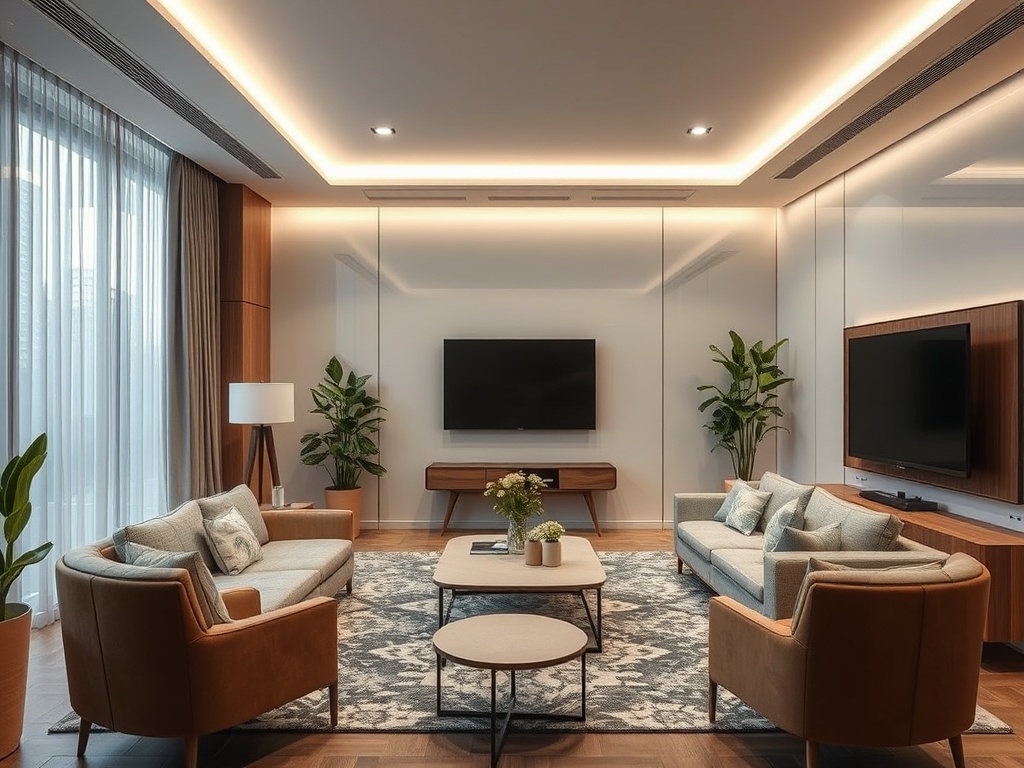 Современная гостиная с мягкой мебелью, телевизором и растениями, освещенная уютным светом.
