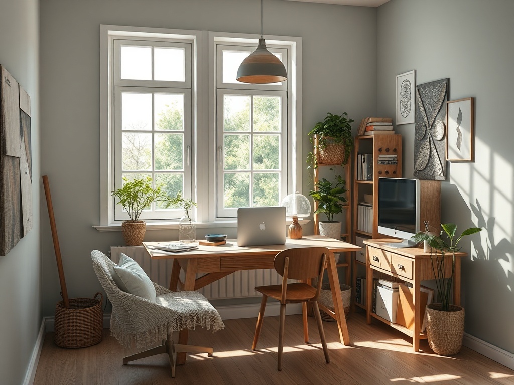 Светлый офис с деревянной мебелью, окнами и растениями. Стол, стулья, компьютер и уютная атмосфера.