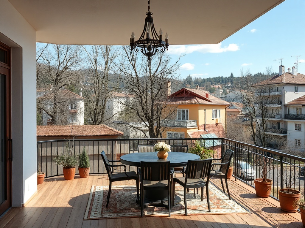 На веранде с обеденным столом и стульями виден городской пейзаж с домами и деревьями.