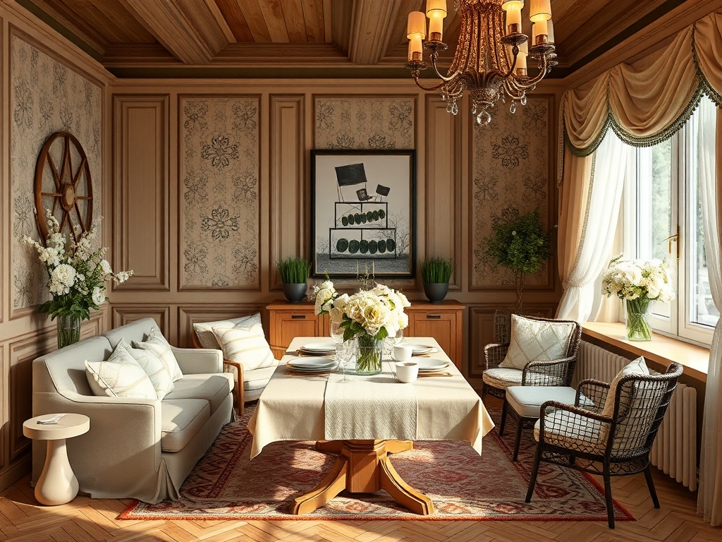 Уютная столовая с деревянными панелями, цветами и стильной мебелью на фоне яркого окна.
