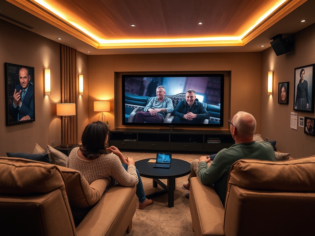 Два человека смотрят телевизор в уютной комнате с мягким освещением и современным декором.