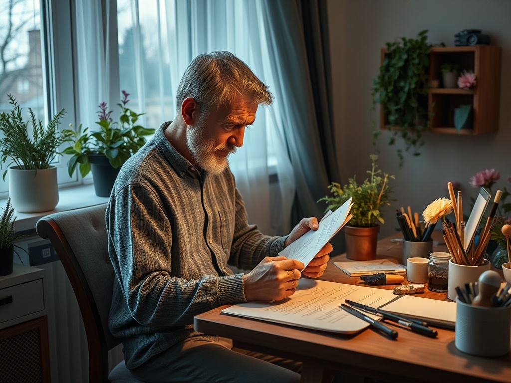 Пожилой мужчина читает документы при уютном свете у окна, окружённый растениями и канцелярией.