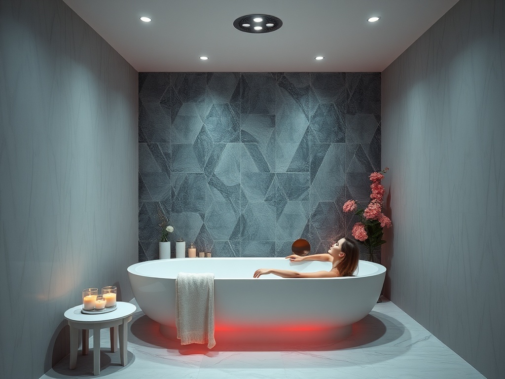 Современная ванная комната с белой ванной, цветами и свечами, создающая атмосферу уюта и расслабления.