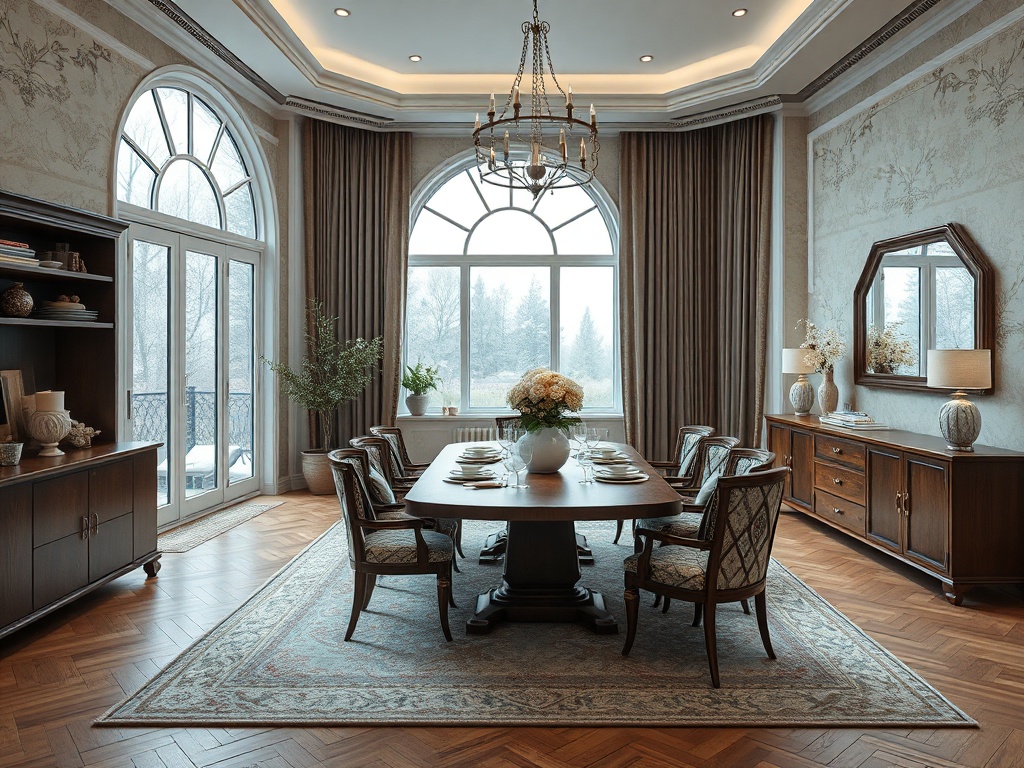 Элегантная столовая с большим окном, круглым столом и стульями, оформленная в светлых тонах.