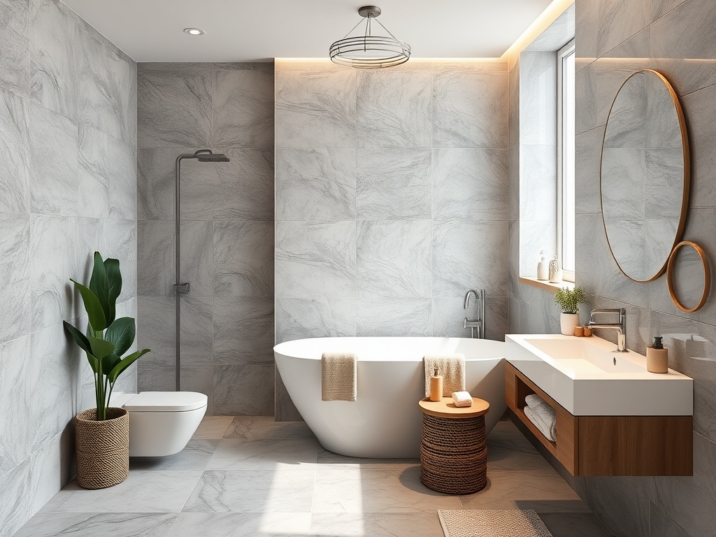 Современная ванная комната с ванной, душем, унитазом и растением в уютном интерьере.