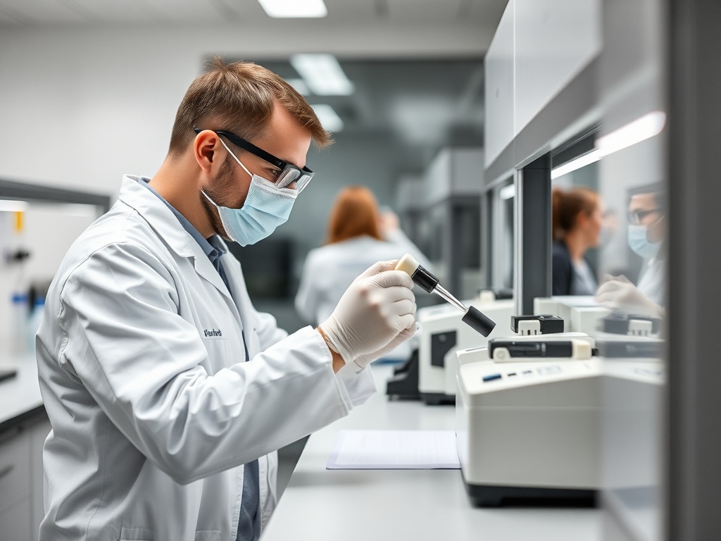 Лаборант в белом халате проводит научный эксперимент в современном лабораторном учреждении.