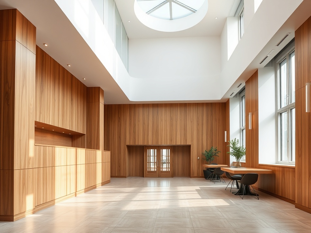 Современный интерьер просторного помещения с деревянными стенами и большими окнами. Светло и уютно.