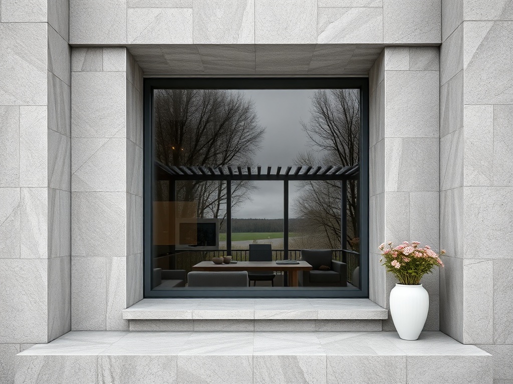 Окно с серыми плитками, стеклопакетом и вазой с цветами на подоконнике, отражающим пейзаж с деревьями.