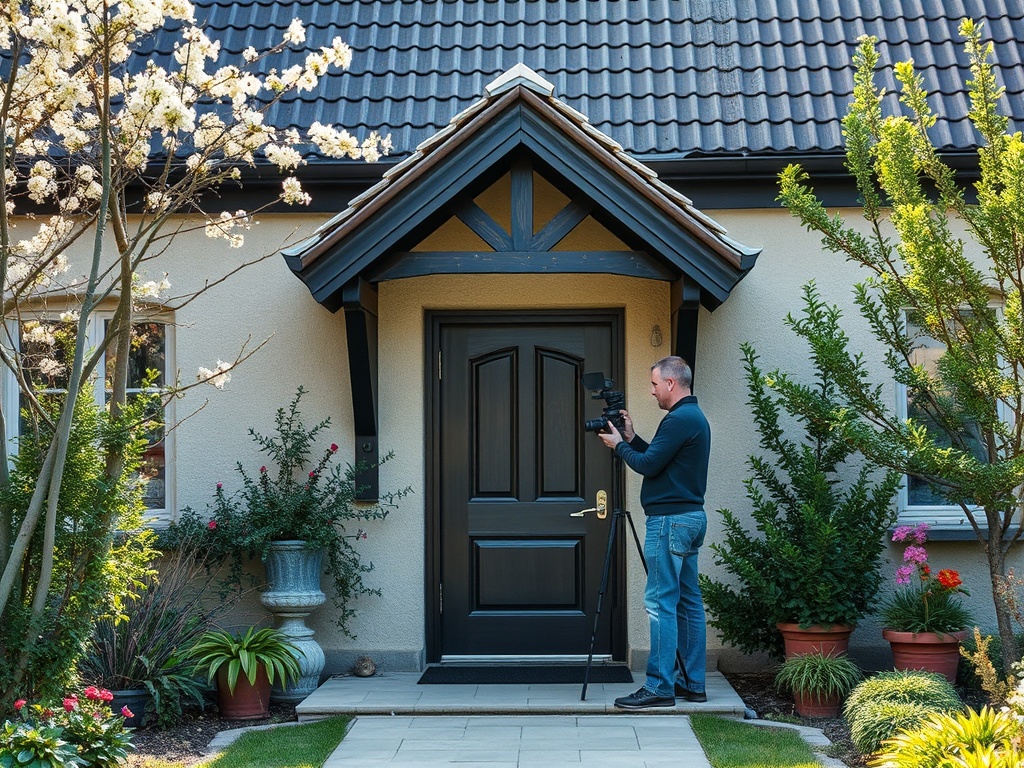 Фотограф стоит у двери дома, снимая с помощью камеры, окружённого цветами и зеленью.