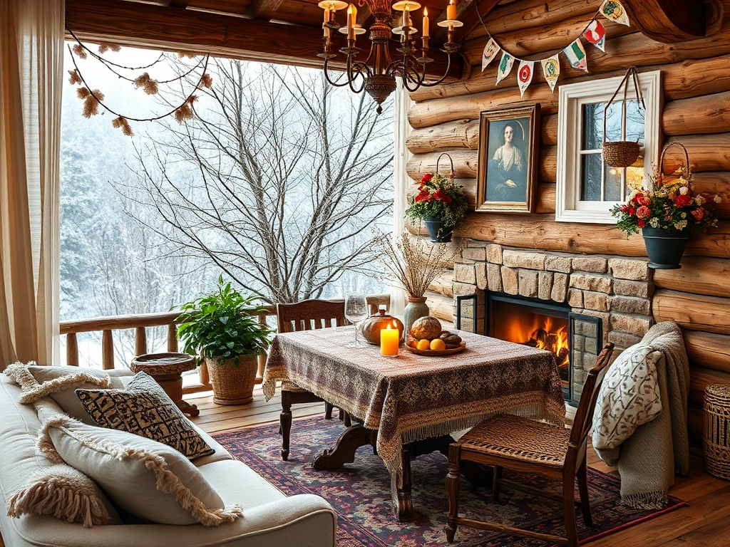 Уютная комната в деревянном доме с камином, столом и зимним пейзажем за окном.