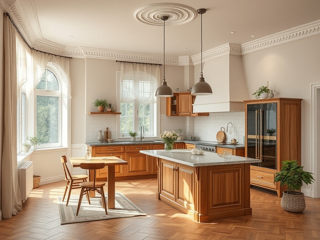 Современная кухня с деревянной мебелью, светлыми стенами и большим окном, наполненная солнечным светом.