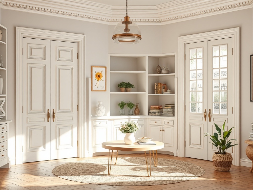 Светлая комната с книжными полками, столом и растениями. Окна пропускают солнечный свет. Стильный интерьер.