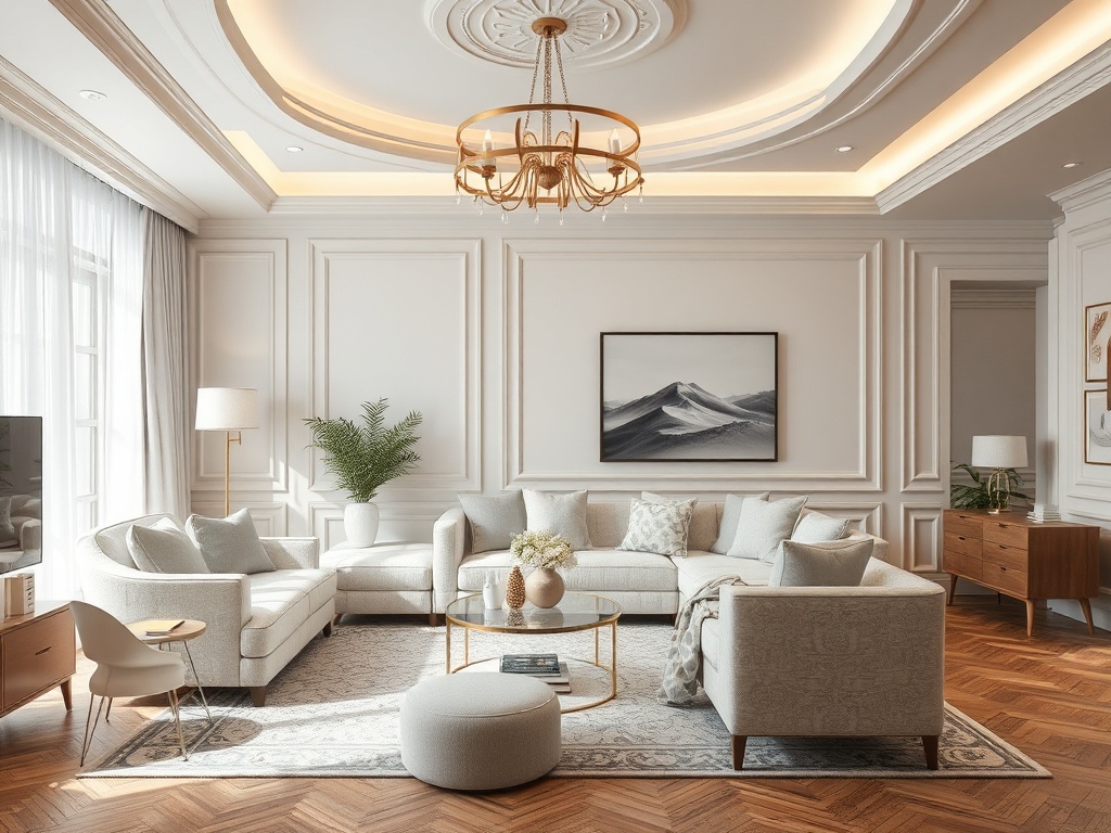 Современная гостиная с светлыми тонами, элегантной мебелью и роскошными декоративными элементами.