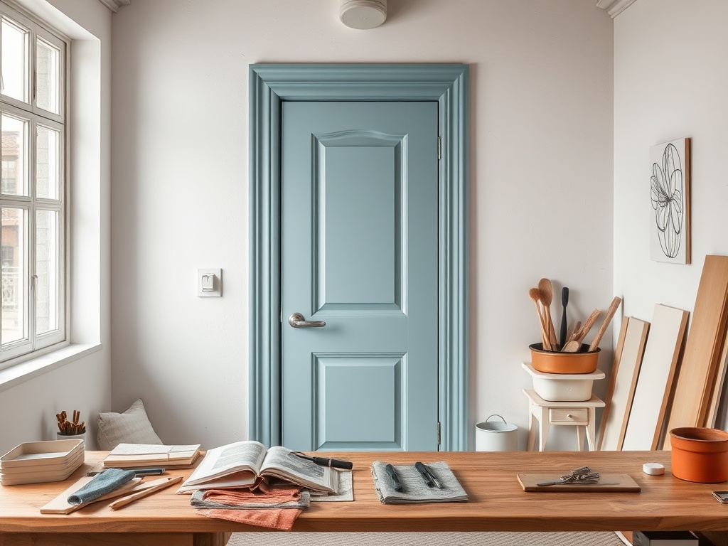 Светлое помещение с голубой дверью, стол с предметами для творчества и уютное оформление.
