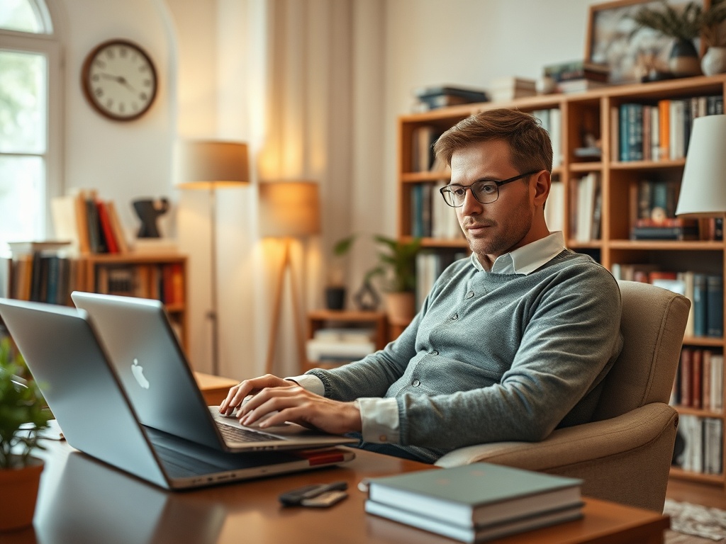 Молодой человек в свитере работает за ноутбуком в уютном кабинете с книжными полками.