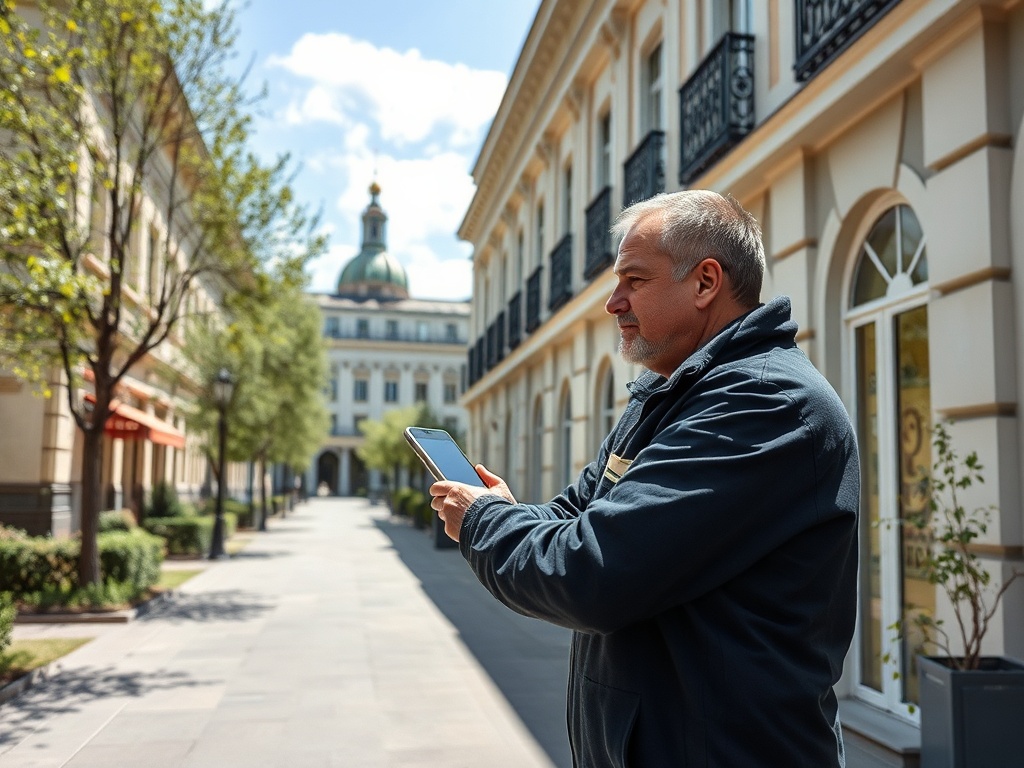 Мужчина на улице смотрит на планшет, вокруг — красивые здания и зелёные деревья. Ясная солнечная погода.