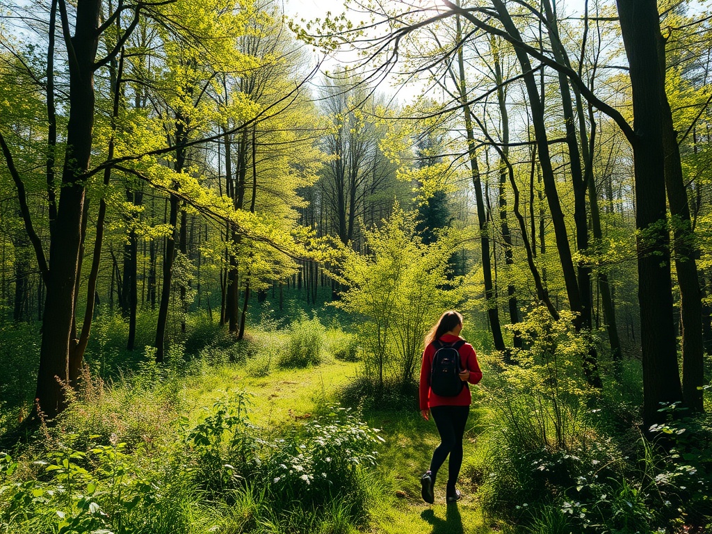 Женщина в красной куртке идет по тропинке в зеленом лесу под ярким солнечным светом.