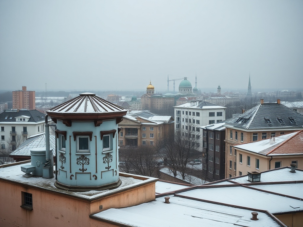 Зимний пейзаж города с крышей и снегом. Видны здания и купола соборов на горизонте.